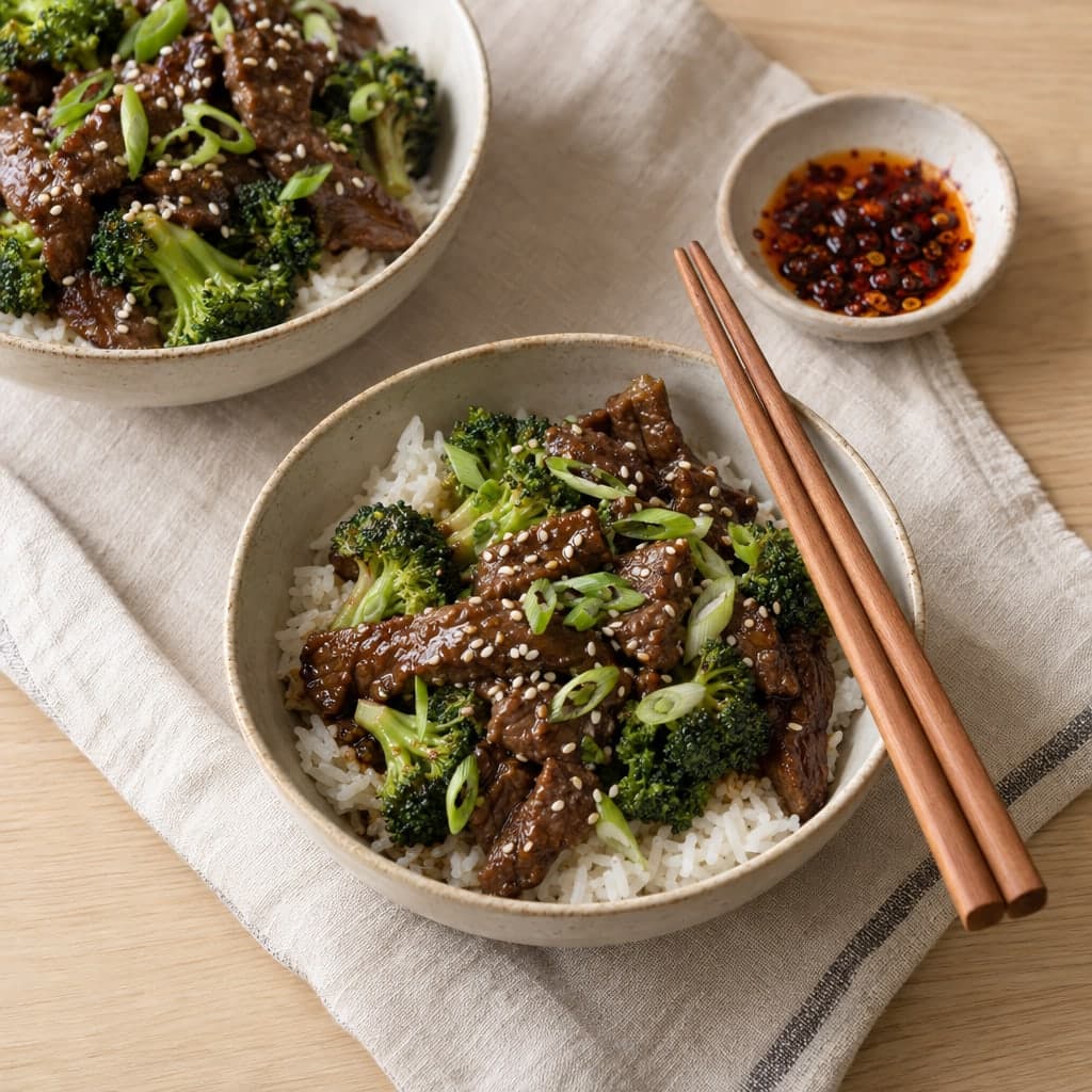 Two bowls of beef and broccoli stir-fry with sesame and spring onion over rice, with chopsticks and chilli oil.