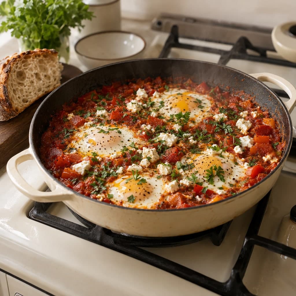 Eggs baked in tomato and red pepper sauce with crumbled feta and parsley, in a pan on the hob.