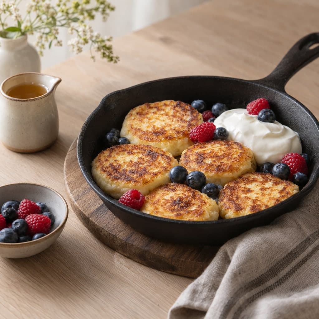 Golden cottage cheese pancakes in a cast-iron pan with sour cream, blueberries and raspberries.