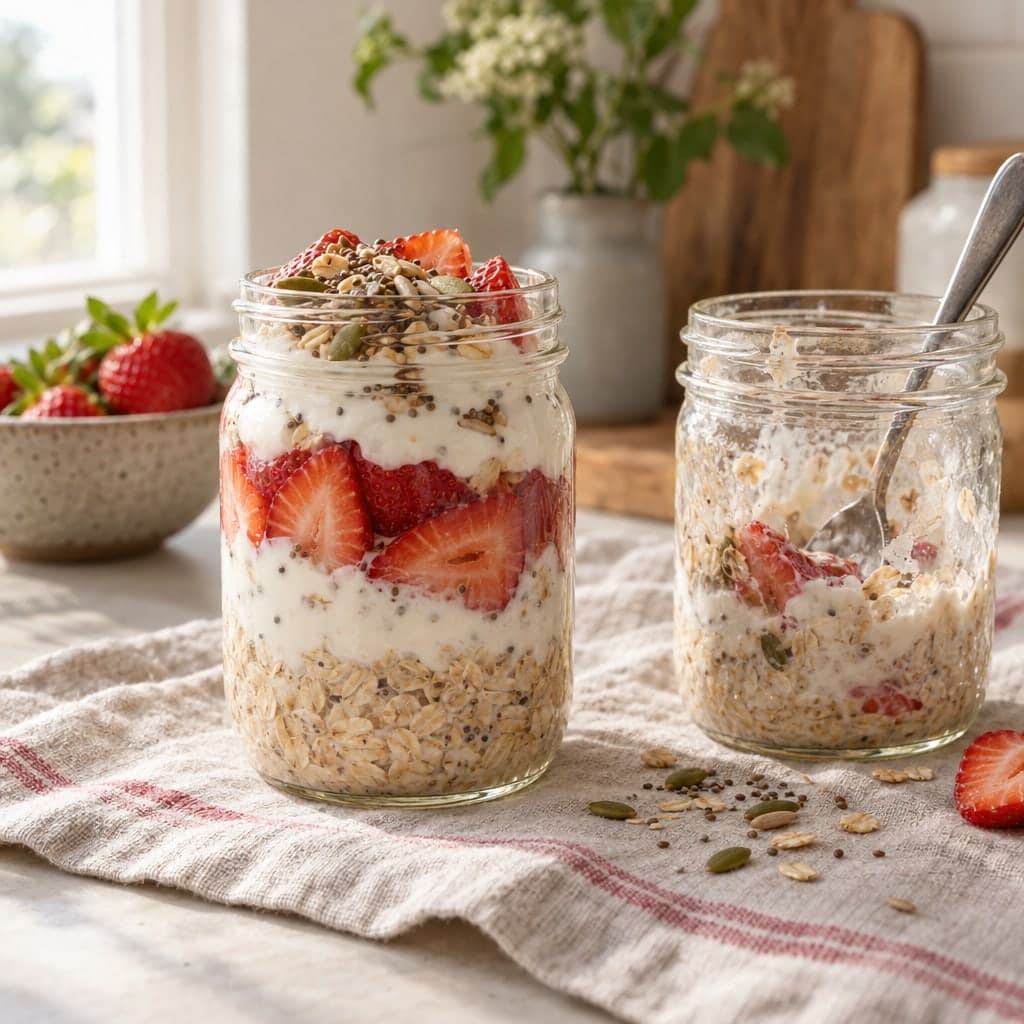 Two glass jars of layered Greek yogurt, oats, strawberries and seeds on a linen cloth.